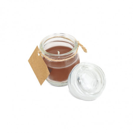Bougie parfumée dans un pot en verre avec couvercle et étiquette suspendue personnalisée pour les détails