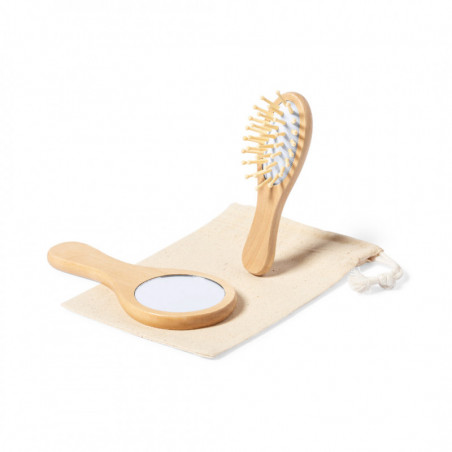 Miroir et peigne en bois dans un sac en tissu personnalisé pour les détails