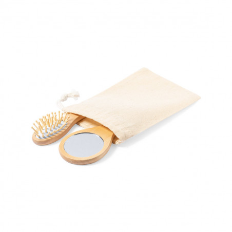 Miroir et peigne en bois dans un sac en tissu personnalisé pour les détails