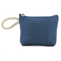 Porte-monnaie bleu en polyester présenté dans une boîte en carton recyclé avec un autocollant personnalisé à offrir.