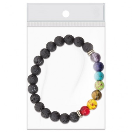 Bracelet 7 chakras en pierre volcanique dans une boîte blanche avec des autocollants pour un cadeau de communion personnalisé