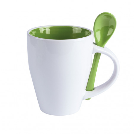 Tasse en céramique avec cuillère verte personnalisée et autocollant d'enfant de Première Communion