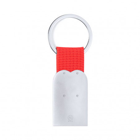 Porte-clés en aluminium découpé en forme de cœur avec un ruban rouge dans un étui de présentation avec un autocollant