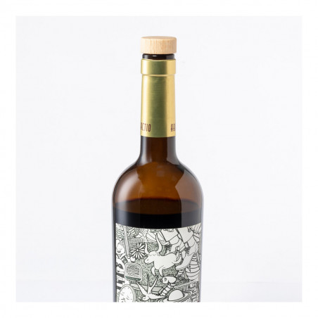 Bouchon en bois réutilisable pour bouteilles dans un élégant étui avec un autocollant personnalisable pour les détails des