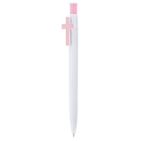 Stylo personnalisé pour baptême avec croix rose et détail d'ange fille en vinyle transparent