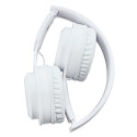Casque bluetooth blanc pliable dans un sac en tissu avec étiquette et autocollant personnalisable à offrir