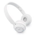 Casque bluetooth blanc pliable dans un sac en tissu avec étiquette et autocollant personnalisable à offrir