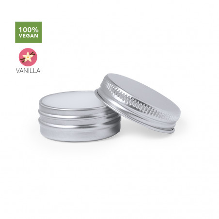 Baume à lèvres vegan dans une boîte en aluminium avec un autocollant personnalisé pour les détails de la communion de la fille.