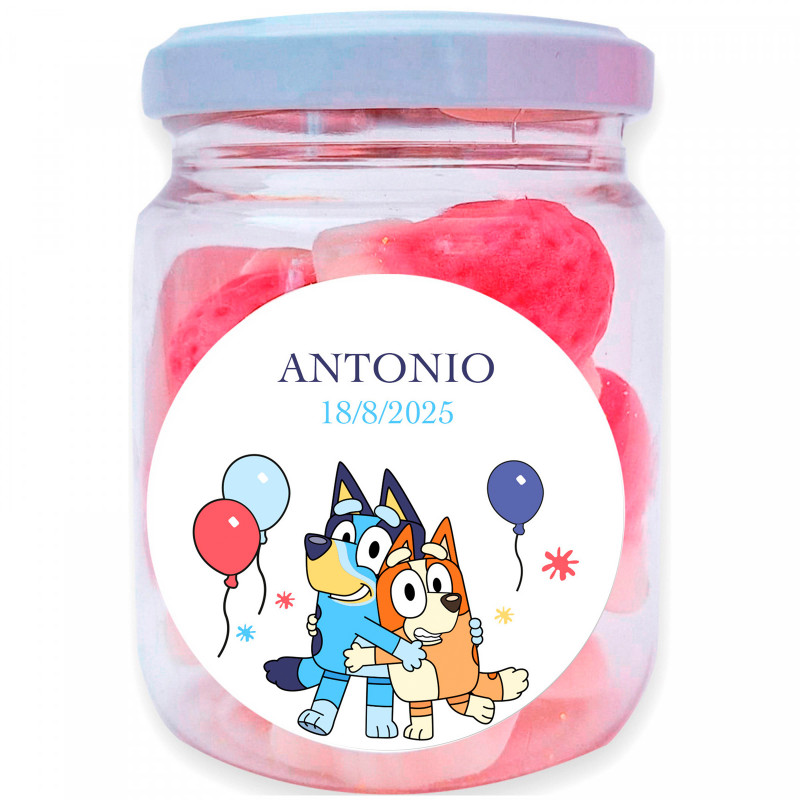 Pot de bonbons avec des fraises à la crème et autocollant personnalisable, détail parfait pour les événements
