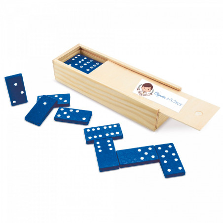 Domino avec des pièces bleues dans une boîte en bois et autocollant personnalisable pour les détails de la première communion