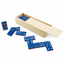 Domino avec des pièces bleues dans une boîte en bois et autocollant personnalisable pour les détails de la première communion