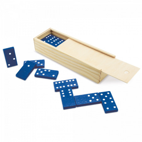 Domino avec des pièces bleues dans une boîte en bois et autocollant personnalisable pour les détails de la première communion