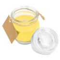 Bougie parfumée jaune dans un pot en verre avec une étiquette personnalisable au design d'éléphant pour un baptême