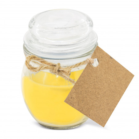 Bougie parfumée jaune dans un pot en verre avec une étiquette personnalisable au design d'éléphant pour un baptême