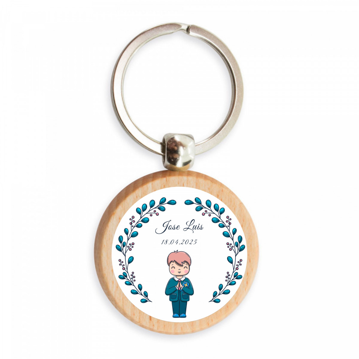 Porte-clés en bambou avec un adorable autocollant d'enfant personnalisable pour les souvenirs de Première Communion