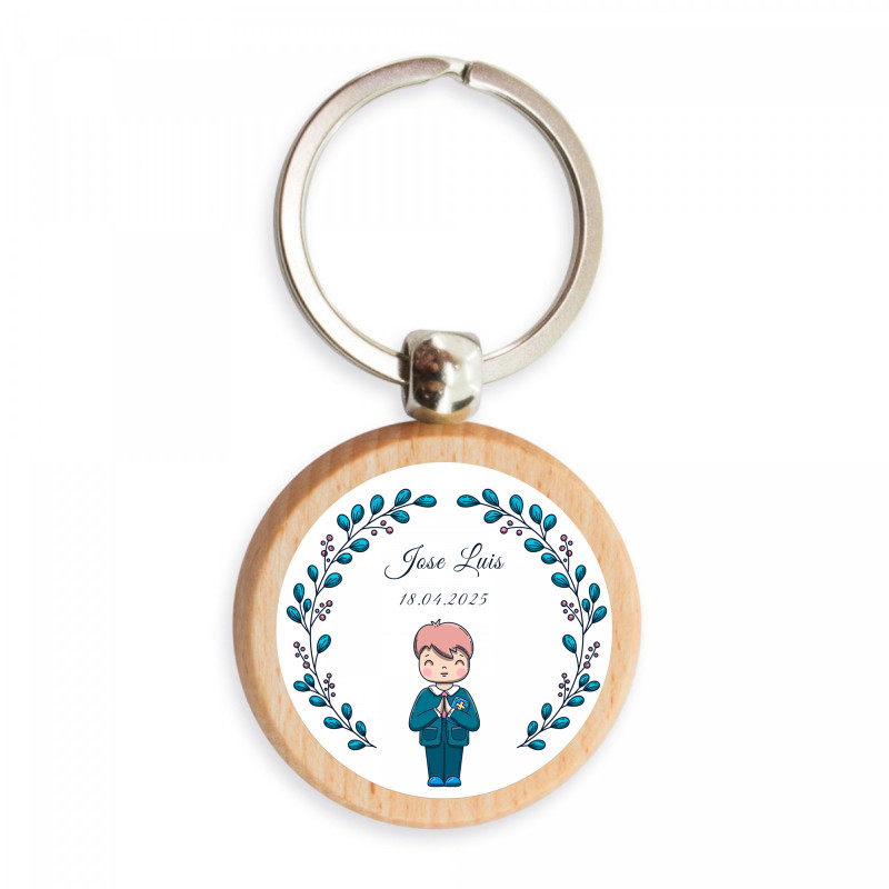 Porte-clés en bambou avec un adorable autocollant d'enfant personnalisable pour les souvenirs de Première Communion