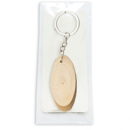 Porte-clés en bois dans un sac transparent et autocollant de mariage