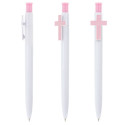 Stylo personnalisé pour invités avec croix rose et détail de colombe en vinyle transparent
