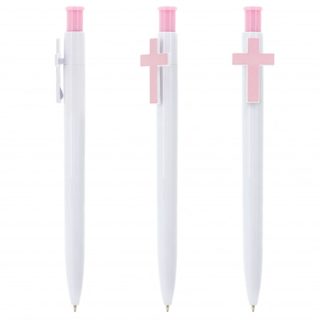 Stylo personnalisé pour invités avec croix rose et détail de colombe en vinyle transparent