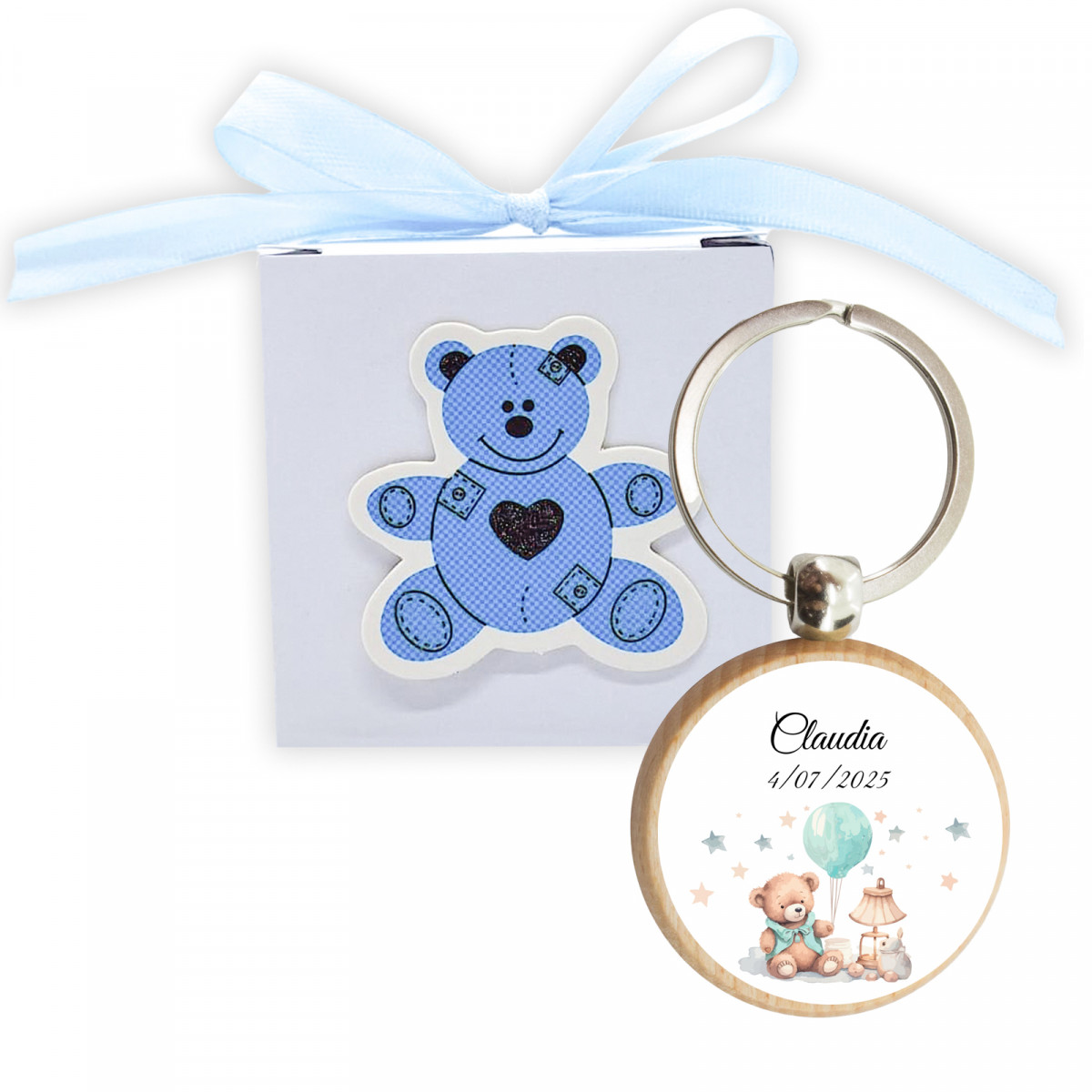 Porte-clés en bois avec autocollant personnalisable dans une boîte en forme d'ours pour des souvenirs de baptême
