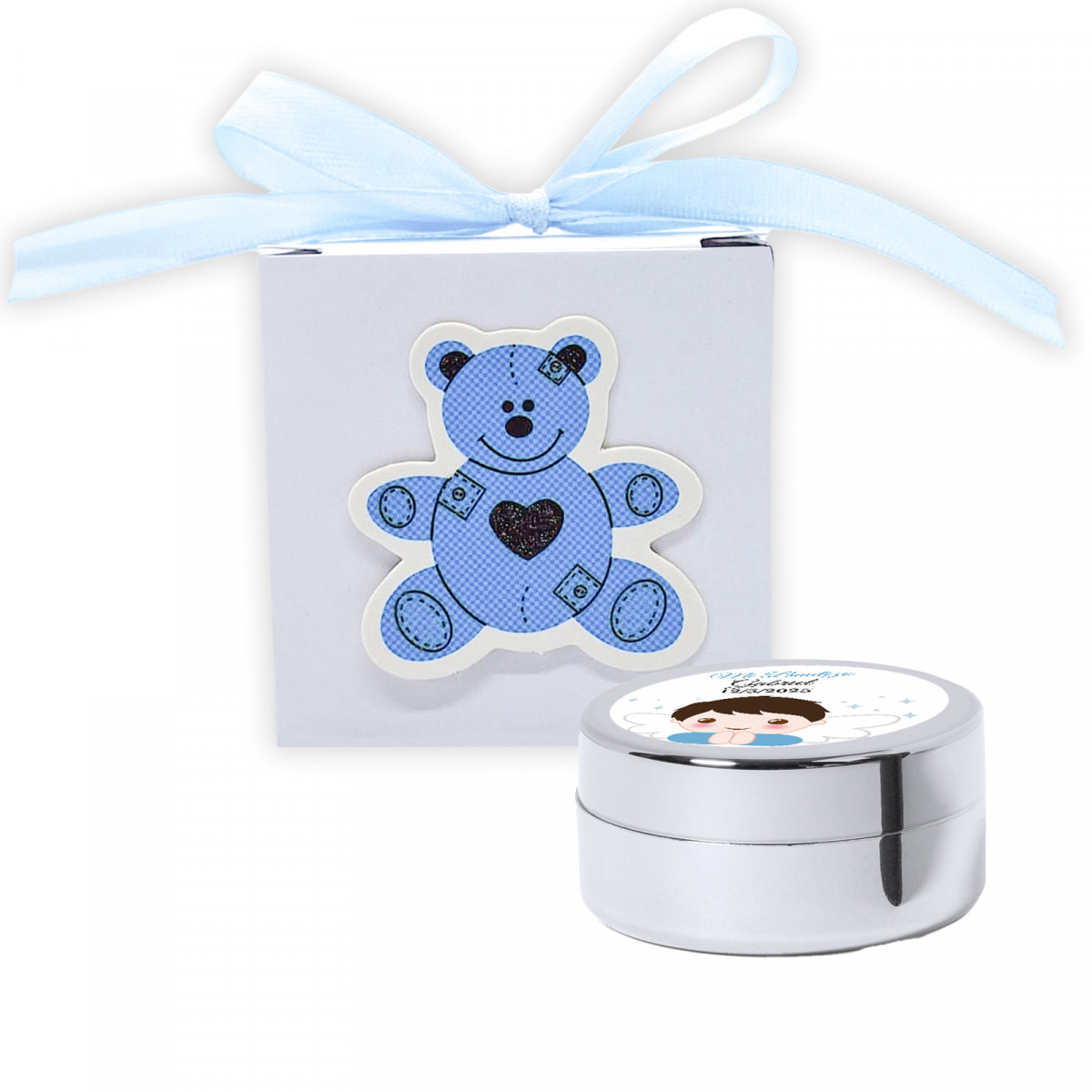 Brillance à lèvres hydratante en boîte avec un nœud et un ours bleu pour baptêmes avec un autocollant personnalisé.