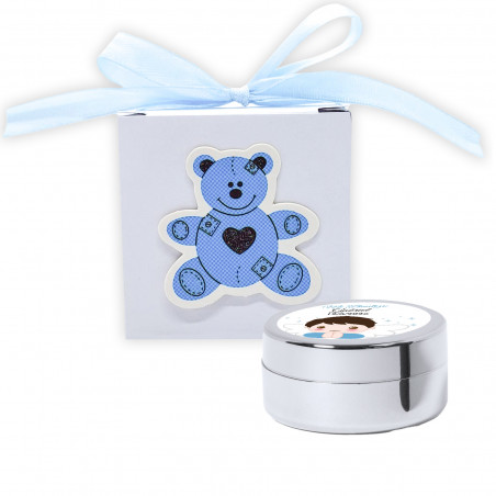 Brillance à lèvres hydratante en boîte avec un nœud et un ours bleu pour baptêmes avec un autocollant personnalisé.