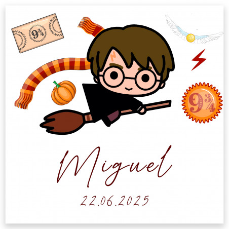 Adhésif carré 5x5 cm inspiré par Harry Potter personnalisé avec nom et date