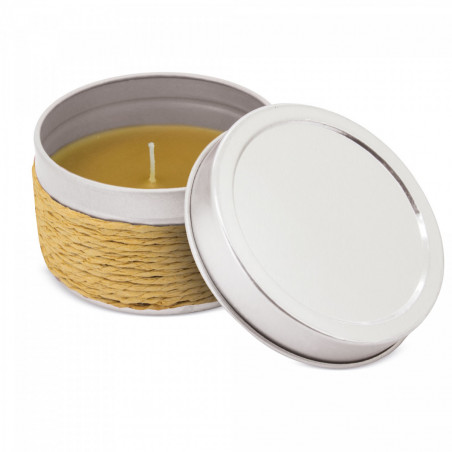 Bougie parfumée dans une boîte décorée avec de la corde et un couvercle personnalisé pour les mariages