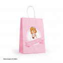 Serviette chien rose dans un sac de première communion avec étiquette suspendue personnalisable à offrir