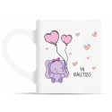 Tasse avec motif d'éléphant rose et étiquette personnalisée pour le baptême de bébé