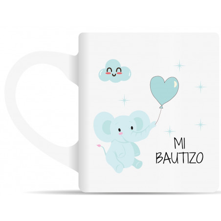 Tasse en céramique avec motif d'éléphant bleu et étiquette personnalisée pour le baptême de bébé