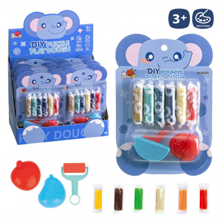 Pâte à modeler colorée avec outils, design d'éléphant, sac à dos pour enfants et sachet de bonbons.
