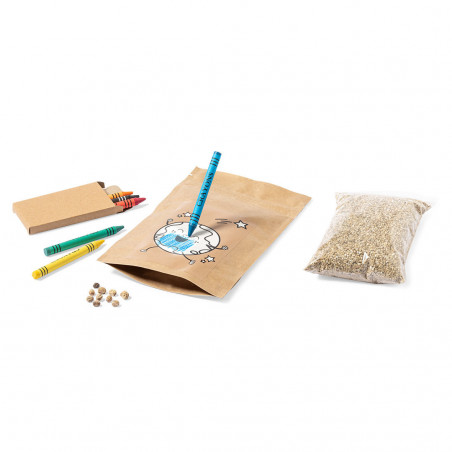 Pot de fleurs à colorier avec des graines et boîte de crayons personnalisée pour un détail enfantin