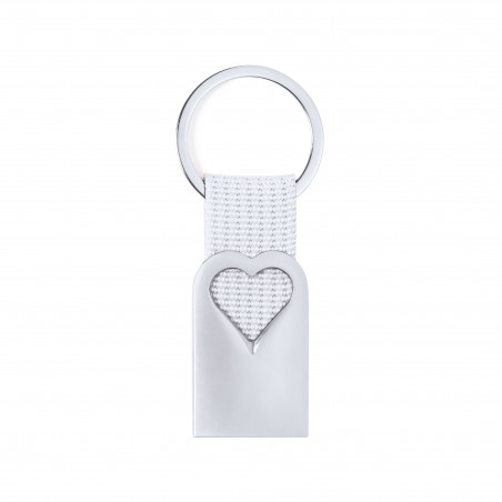 Porte-clés en aluminium découpé en forme de cœur avec ruban blanc et carte personnalisée de mariage