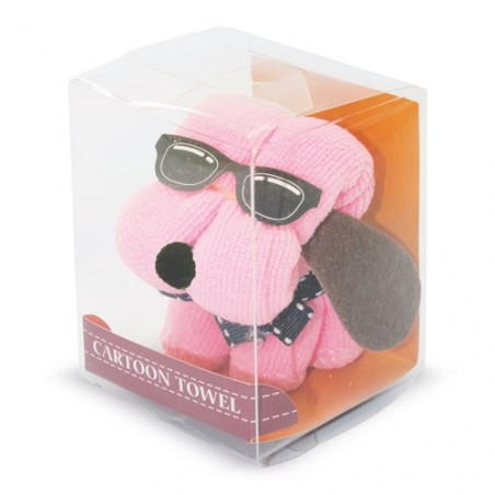 Serviette rose en forme de chien dans une boîte personnalisée avec un autocollant de baptême de fille