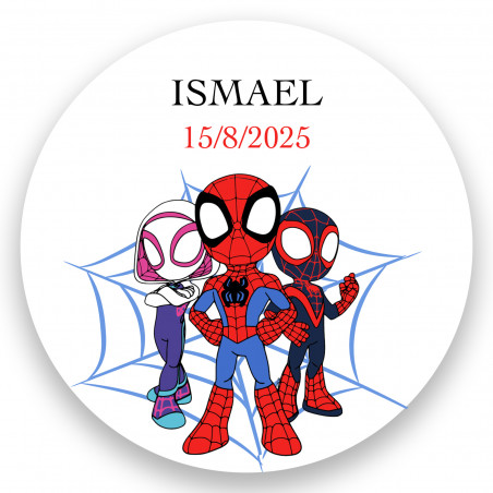 Adhesivo spidey y superequipo 5cm redondo para personalización