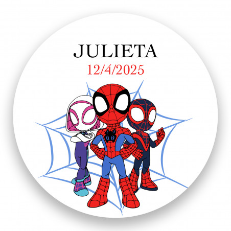 Adhesivo spidey y superequipo 3cm redondo para personalización