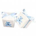 Brillance à lèvres hydratante en boîte avec un nœud et un ours bleu pour baptêmes avec un autocollant personnalisé.