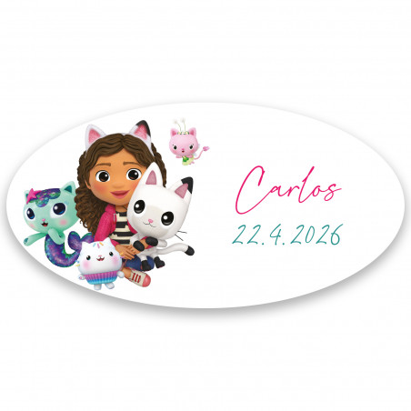 Adhésif gabby chat ovale fond blanc personnalisable 4x2cm