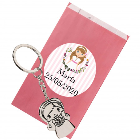 Porte-clé de Communion Fille avec Sac kraft et Autocollant Personnalisé