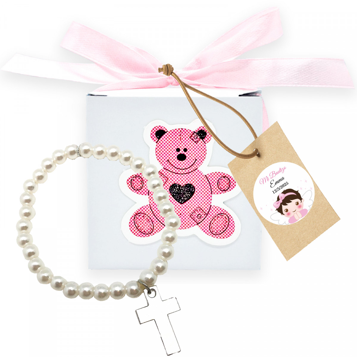 Bracelet perles avec croix dans une boîte ours rose avec étiquette personnalisée pour les détails de baptême fille