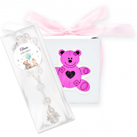 Rosario ange gardien dans une boîte avec ours rose et autocollant personnalisable