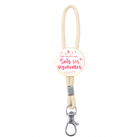 Porte clés en bambou et cordon en coton avec autocollant de mariage avec la phrase vous êtes les suivants