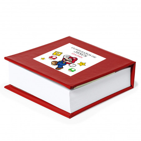 Bloc notes rouge avec post it personnalisé avec un autocollant de mario bros à offrir