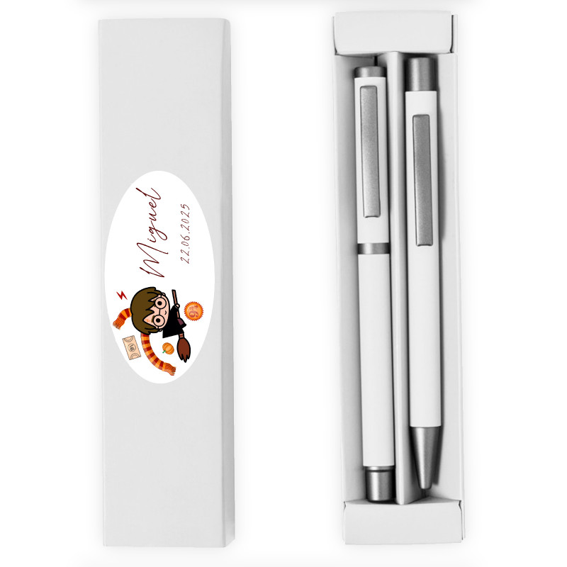 Set de stylo et crayon dans une trousse blanche avec autocollant personnalisé de harry potter