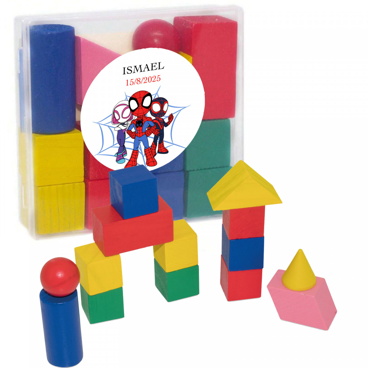 Set de blocs en bois personnalisés avec autocollant spidey