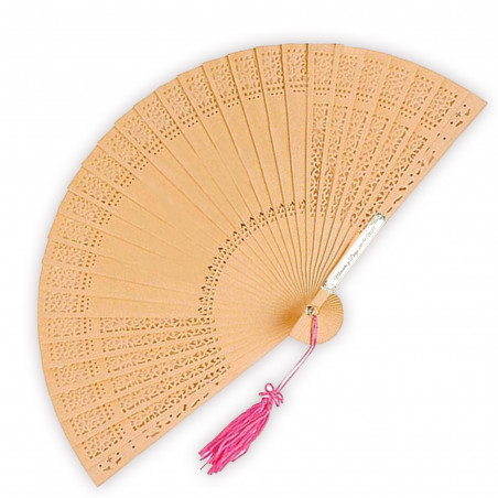 éventail en bois ajouré avec pompon rose souvenir personnalisé pour événements