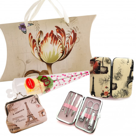 Set de Manucure avec Portefeuille et Serviette en forme de Fleur présenté dans une boîte avec une poignée