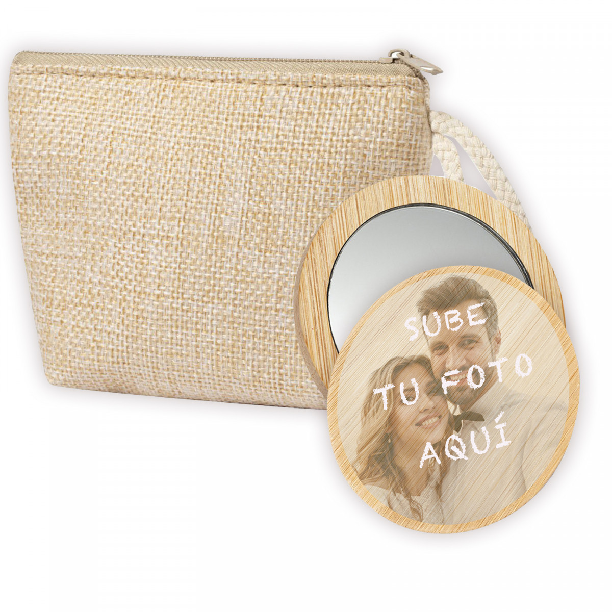 Sac à main rustique et miroir rond en bois avec autocollant d\'image personnalisé