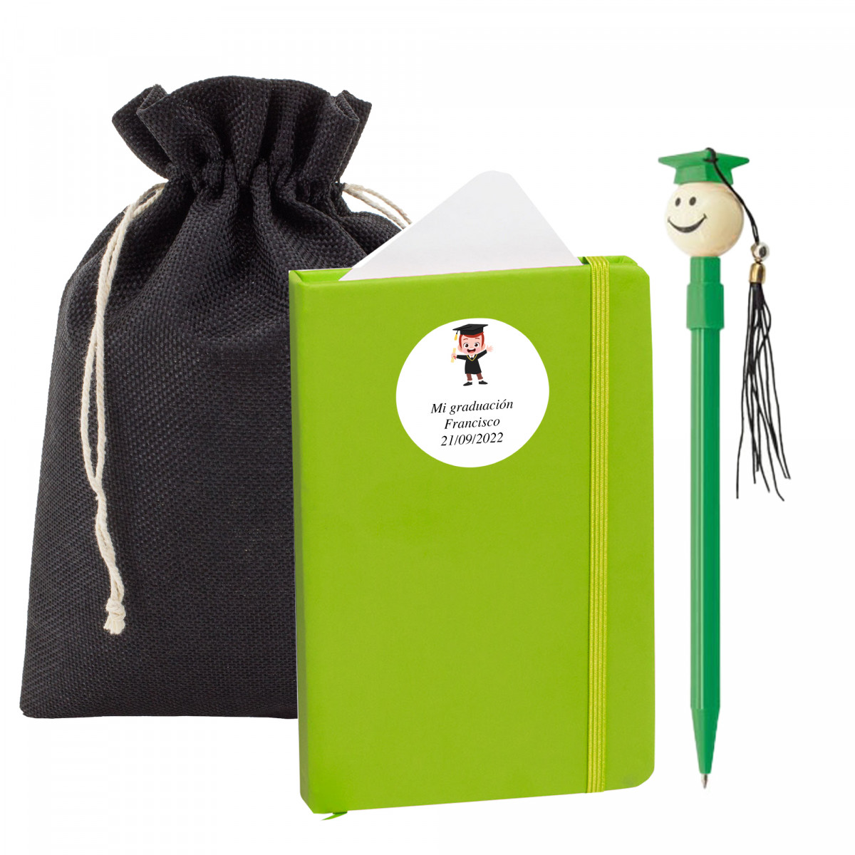 Carnet de diplôme personnalisé avec un stylo de diplômé présenté dans un sac